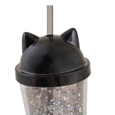 Тамблер-стакан YES с блестками "Black Cat", 450мл, с трубочкой