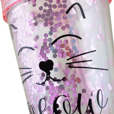 Тамблер-стакан YES с блестками "Pink Cat", 450мл, с трубочкой